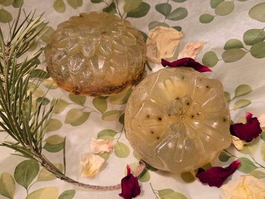 Two clear soap bars with visible textures on a decorative cloth with green leaves and flowers.